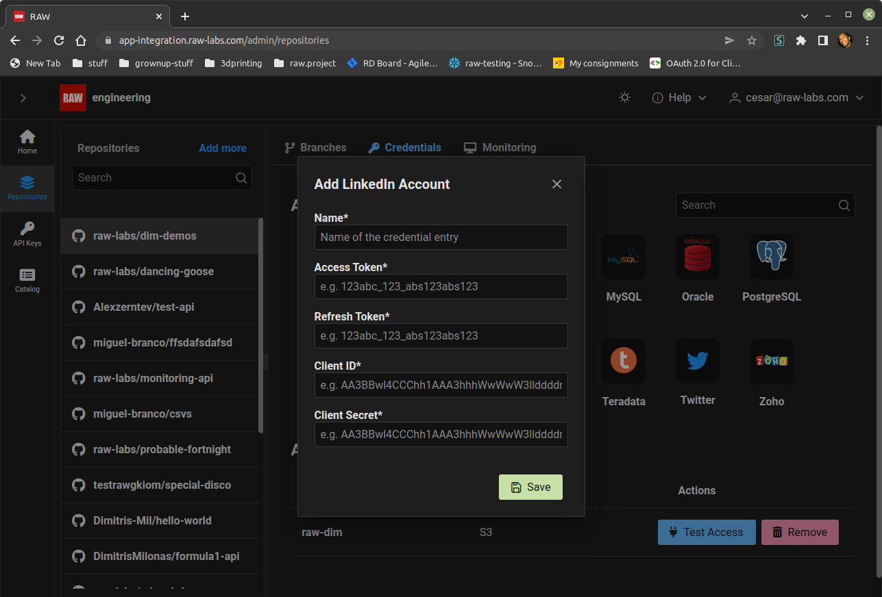 Register linkedin token