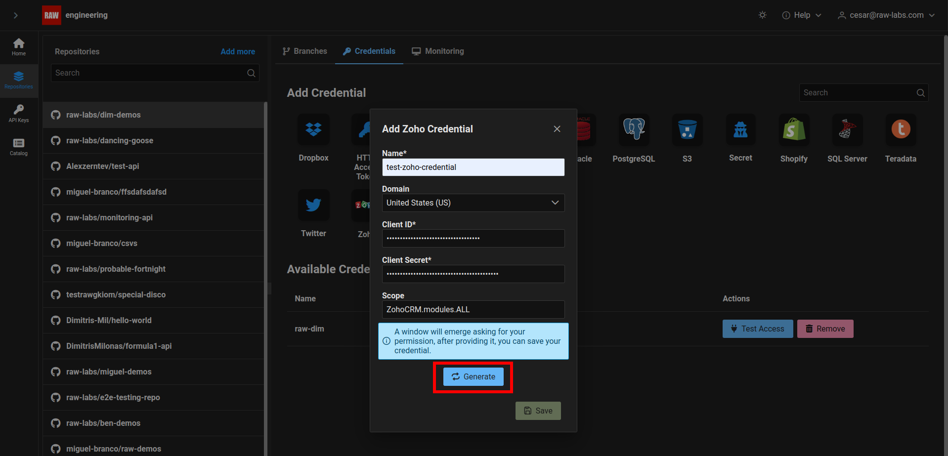 Register zoho client