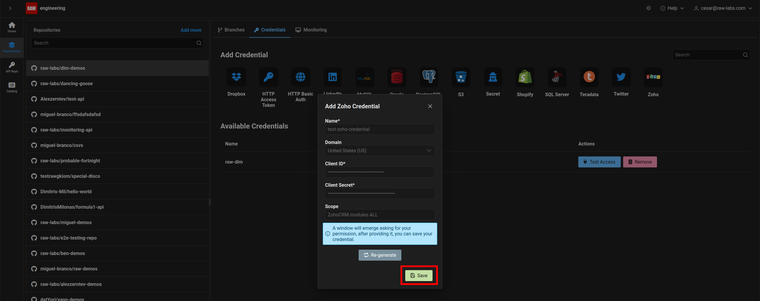 Register zoho client